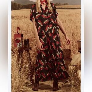 THE GREAT. Godet Navy Birds Paradise Maxi Skirt Red Feather Small